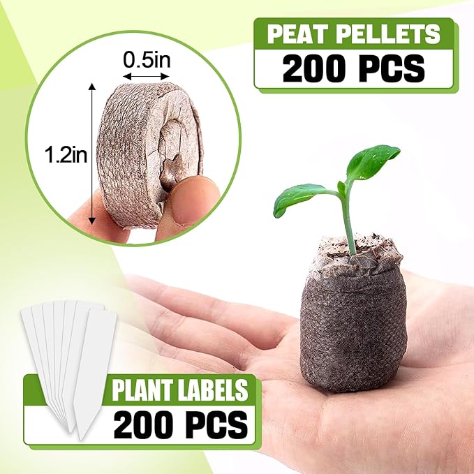 200 Pcs Peat Pellets for Seedling - 30mm Seeds Plant Starter Plugs, Compressed Fiber Garden Soil Block with 200 Labels, Plant Pods Bulk for Transplanting Herbs Flowers Vegetables