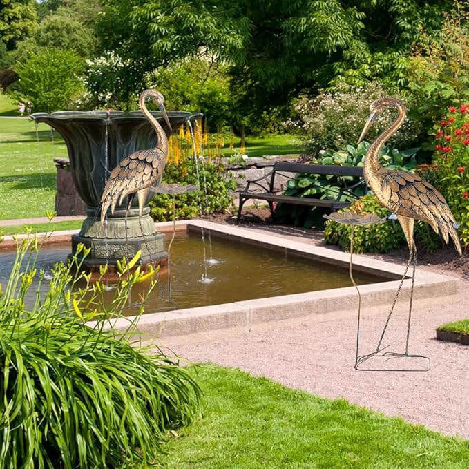 Large Heron Garden Statue, 42'' Crane Outdoor Statue with Birdbath, Crane Metal Yard Art for Porch Backyard Patio Lawn Decor (Golden)