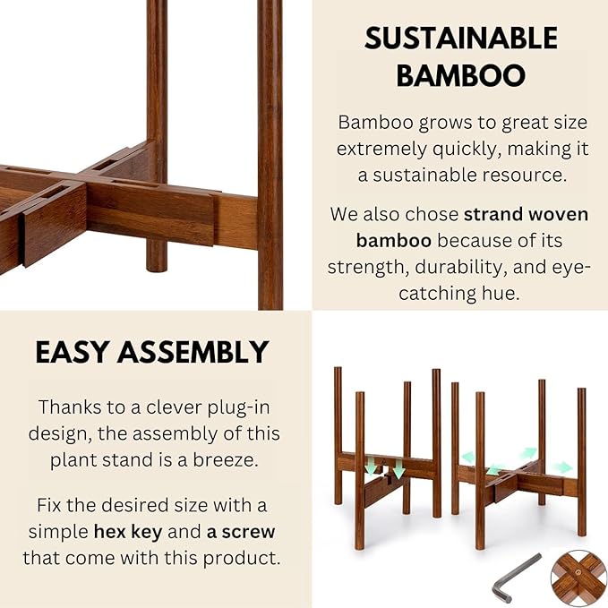 Fox & Fern Adjustable Plant Stand Indoor — 8 to 12 Inch Mid Century Bamboo Plant Stand with Adjustable Width; Plug In Design; Easy to Assemble; Two Height Options - For 8, 9, 10, 11 & 12 Inch Pots