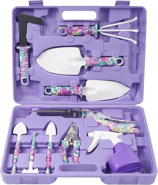 Gardening Tools Set, Unique Gardening Gifts for Women, Gardening Hand Tools with Purple Carrying Case, Gardening Kit for Home Gardening Flowers Potted Trim Loosing Planting Tools (10purple)