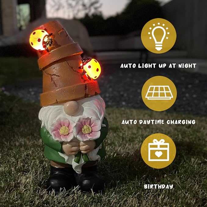 Garden Gnome Statues Outdoor Decor, Solar Gnomes with LED Lighted Flowers, Solar Resin Garden Outdoor Statue Sculpture, for Woman Gift Home and Garden Decor