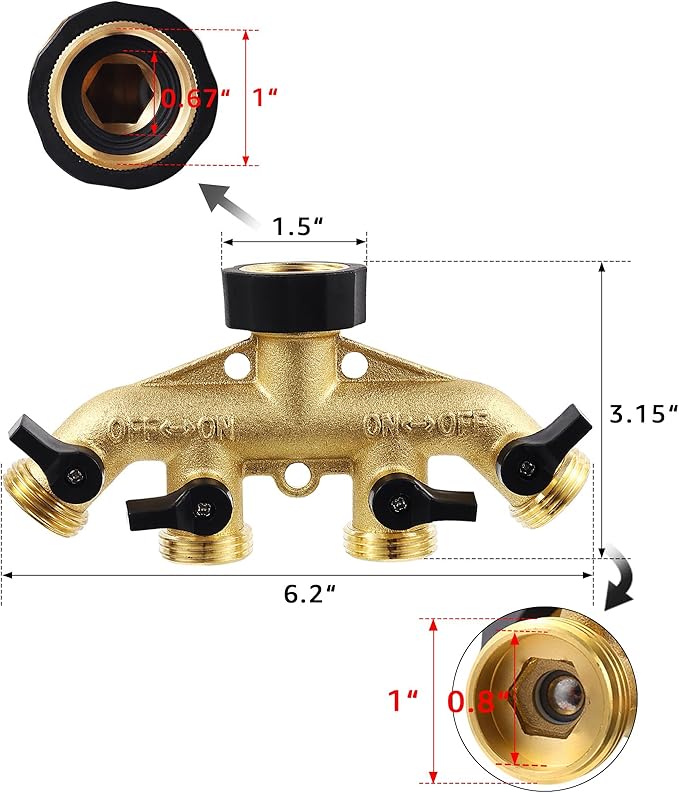 4 Way Brass Garden Hose Splitter Heavy Duty Garden Tap Hose Adapter Nozzle Switcher Connector with 4 Shut-Off Valves for Garden Irrigation Watering (American Thread 3/4)