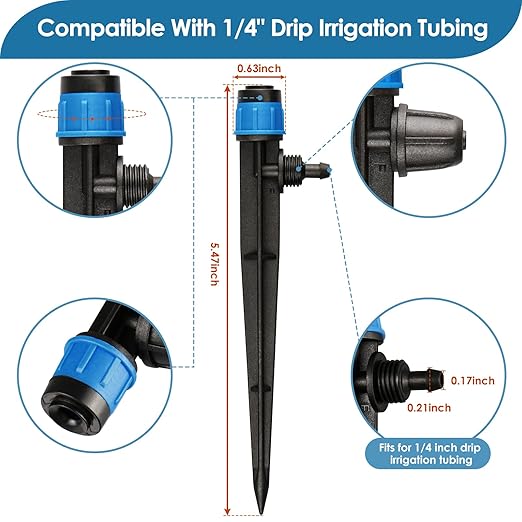 Drip Irrigation Emitters Fittings: Adjustable Irrigation Sprayer for 1/4 inch Drip Tubing Full Circle Vortex Stream Dripper on 5" Arrow Stake Barbed Locked Nuts Connectors (50 Pieces)