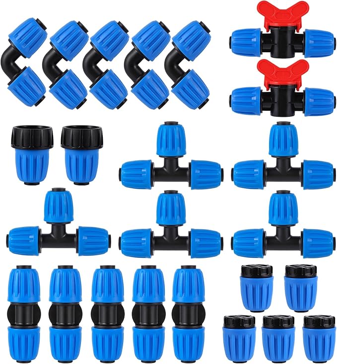 24 PCS Drip Irrigation Fittings Kit Blue Lock Barbed Connectors For 1/2 Inch 16MM Tubing (OD 0.620 in.ID is 0.520. in), 5 Tees,5 Straight,2 Switch Valves,5 End Cap,5 Elbows,2 Adapter