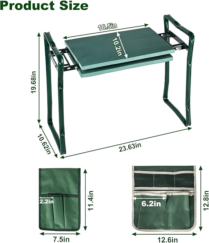Upgraded Garden Kneeler and Seat with Oversized 10"x16" Pad– Foldable Kneeler and Stool for Gardening, Heavy Duty Gardening Stool with 2 Tool Pouches