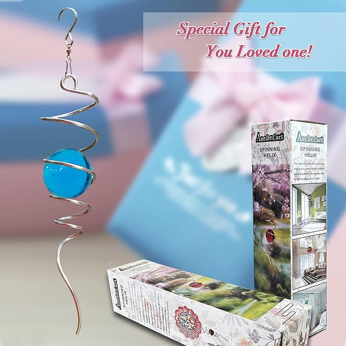 Gazing Ball Spiral Tail Wind Spinner Stabilizer,Wind Spinner Tail Decorative Sun Catcher,Wind Spinner Spiral Indoor Outdoor Garden Decoration,Wind Spiral Rotating Yard Art Decor-13in(Blue)