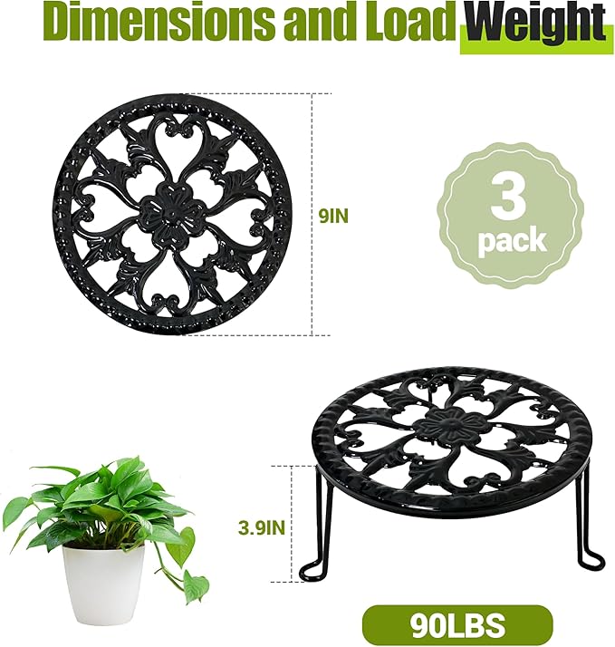 3 Pack Metal Plant Stand Indoor Outdoor, Heavy Duty Flower Pot Stands for Multiple Plants, Black Iron Plant Holder for Planters, Round Plant Shelf for Patio Garden Balcony Living Room