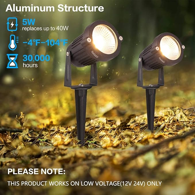 ZUCKEO 5W Low Voltage Landscape Lights LED Landscape Lighting Outdoor Pathway Lights With Connectors, Waterproof Aluminum Warm White Spotlights For Garden Yard Lawn Deck Driveway Floor Lighting(2pack)