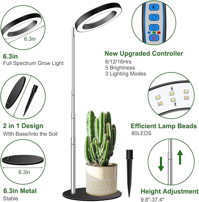 Grow Lights, Full Spectrum Plant Light for Indoor Plants, 2 in 1 Design Desktop Growing Lamp with Auto Timer for 6/12/16Hrs,3 Optional Spectrums,5 Brightness,Height Adjustable 9.8"-37.4"