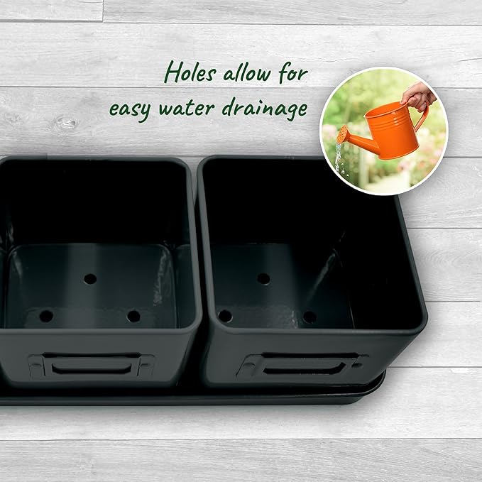 Herb Planter Indoor - Set of 3 Black Indoor Herb Garden Pots for Plants with Leather Handled Tray - Window Sill Plant Shelf - Herb Pots with Drainage Holes and Labels