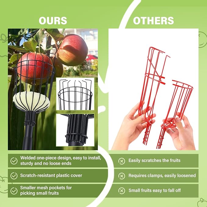 Fruit Picker Pole with Basket - 8.43FT(101Inch) Adjustable Tree Gardening Supplies with Stainless Steel Handle Apple Picker Fruit Grabber Reach Tool for Mango Pear Orange Avocados Fruit Picking, Black