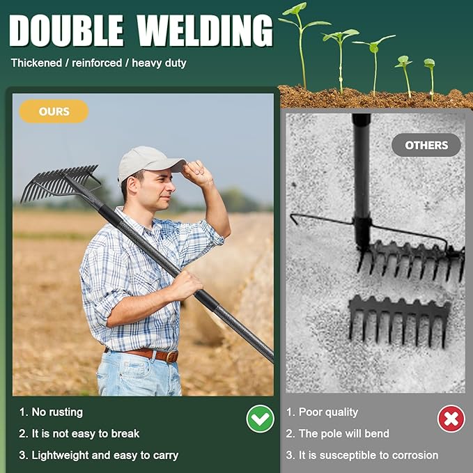 36'' Bow Rake Heavy Duty Garden Rake with Stainless Steel Handle, Tines Metal Head Rake Tool for Loosening Soil Gathering Leaf Leveling Lawn Farming Land Management Yarn Thatch Rake