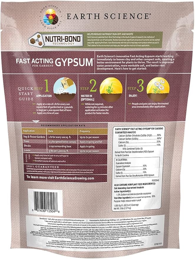 Earth Science Fast Acting Gypsum - Soil Conditioner Adds Calcium, Repairs Salt Damage & Root Growth with Nutri-Bond Runoff Reduction Technology (5 lb)