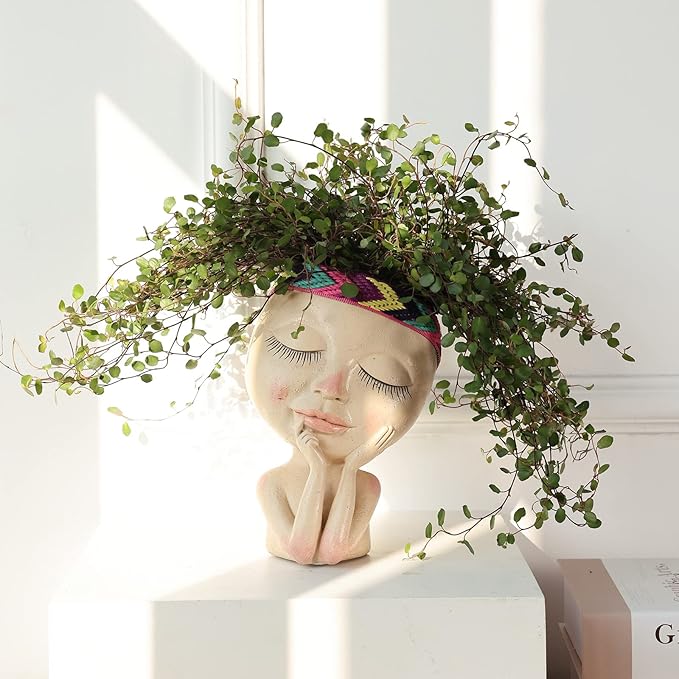 AIMEBBY Resin Head Face Planter Flower Pot for Indoor and Outdoor Plants with Drainage Hole (Large Size)…