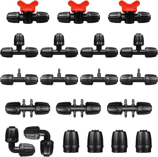 Drip Irrigation Fittings Kit for 1/2 Inch Tubing, 20 Pcs Set 1/2'' Drip Line Anti-Drop Barbed Locked Nut Connectors - 4 Tees,3 Valves,4 Reducing Tee,3 Reducing Tee 6 Way Connectors,4 End Caps,2 Elbows