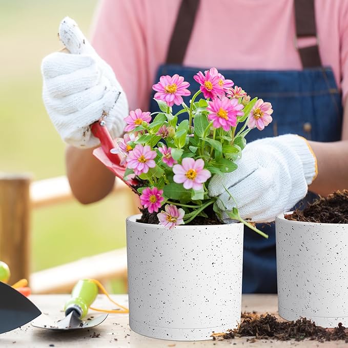 10/8/6 inch Deep Flower Pots, Cylinder Large Plant Pots for Outdoor Indoor Plants, 3 Pack Tall Plastic Planters with Drainage Holes and Saucers for Garden House Plants, Speckled White