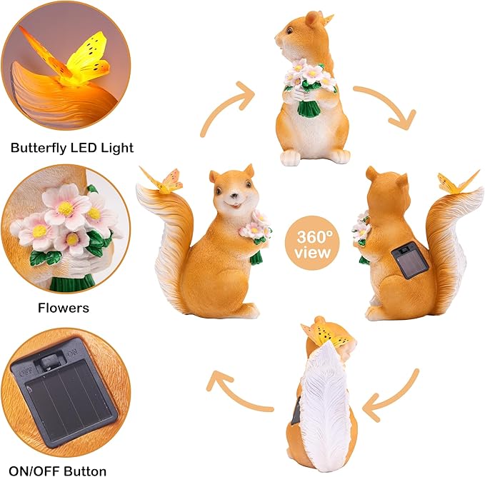 Attivolife Solar Squirrel Garden Statue Light, Outdoor Decor Figurines with Butterfly, Yard Patio Balcony Lawn Home Decor Sculpture Ornaments, Mother's Day Birthday Gift for Mom Grandma