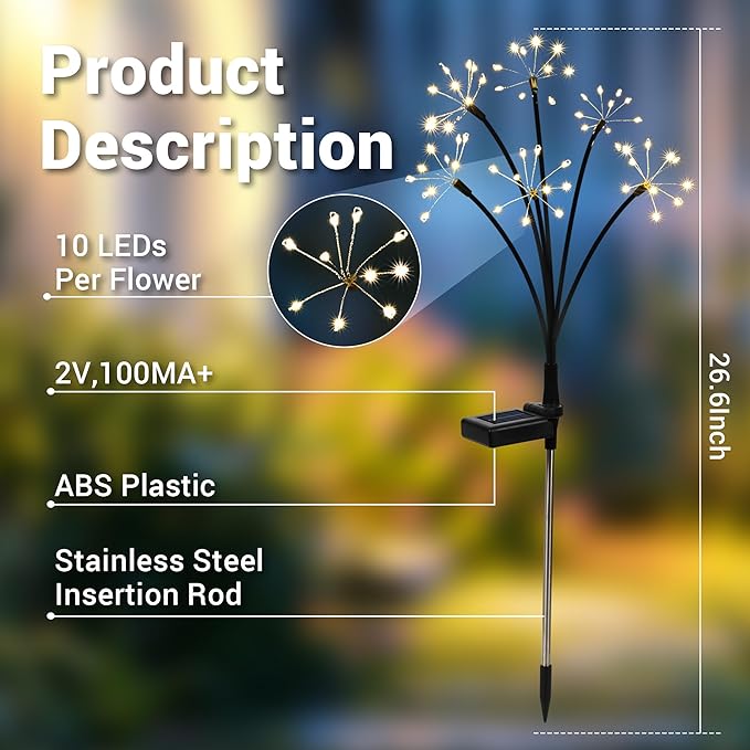 Solar Garden Decor Lights Outdoor, Solar Powered Lights Waterproof for Yard Patio Porch Flowerbed, Fairy Gardening Supplies Gifts Firwork (2 Pack)