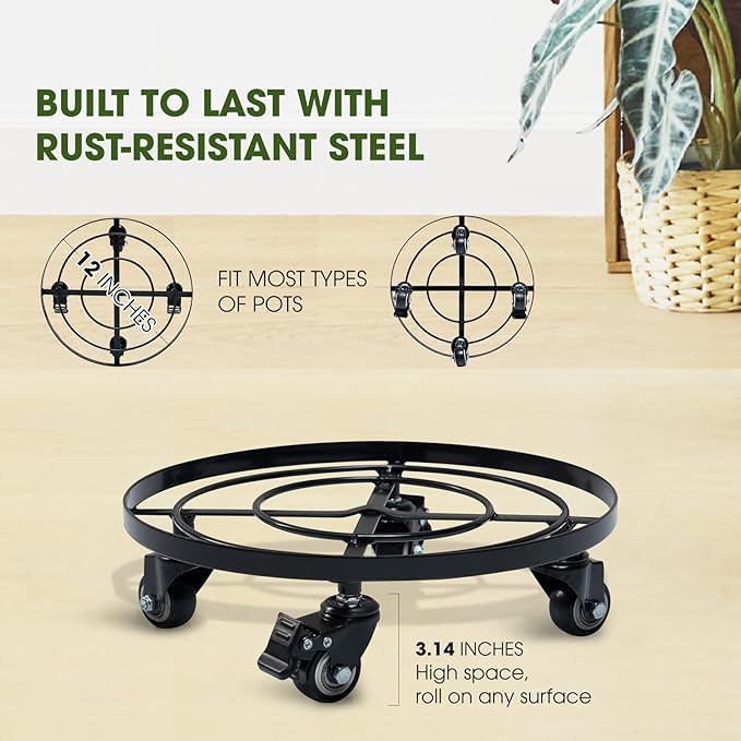 IDZO 2 Pack Upgraded Lockable Metal Heavy Duty Trolley Plant Caddy, Plant Stands, 12 Inch, 2 pcs