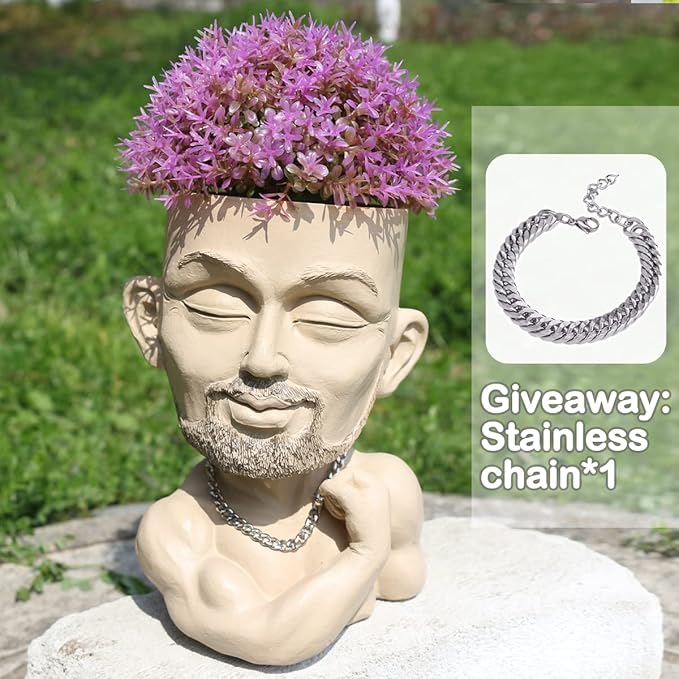 Beefcake Face Planter Pots Head Planter Man Face Planters Pot Head Face Flower Pot Head Planter with Drainage Hole Mscular Man(Khaki)