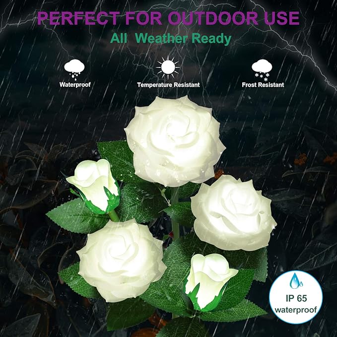 Solar Flower Lights Outdoor - Upgraded New Material Two Modes Realistic LED Solar Powered Waterproof Lights with 5 Roses, Solar Decorative Stake Lights for Garden (White, 2 Pack)