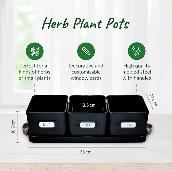 Herb Planter Indoor - Set of 3 Black Indoor Herb Garden Pots for Plants with Leather Handled Tray - Window Sill Plant Shelf - Herb Pots with Drainage Holes and Labels