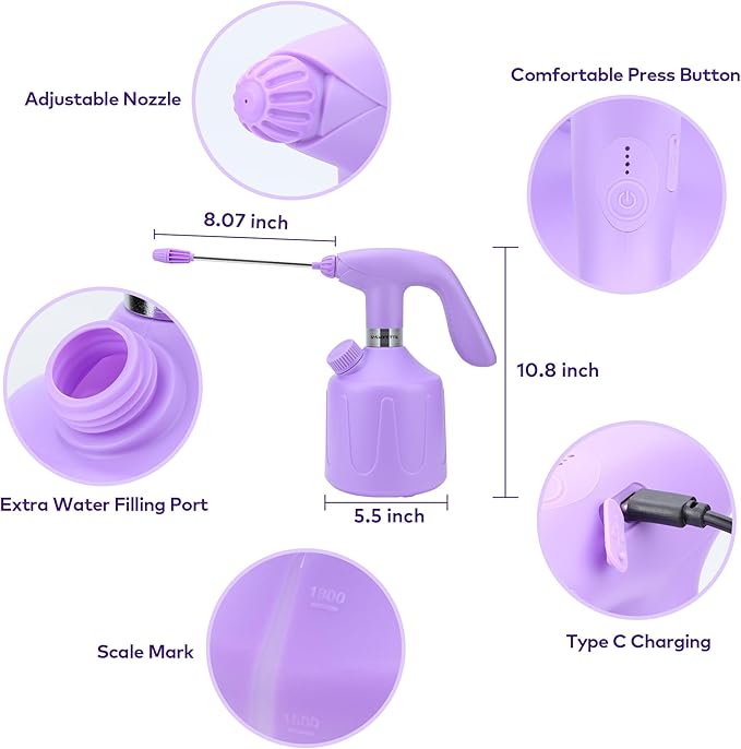 Electric Spray Bottle Automatic Plant Mister 1.8L Rechargeable Battery Powered Sprayer Continuous Spray Bottle Pump Sprayer Indoor Watering Can Garden Mister Bottle for Plants Purple