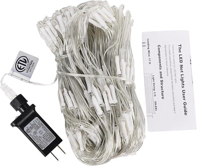 LJLNION Christmas Net Lights, 360 LED 12ft x 5ft Connectable Mesh Fairy String Lights, 8 Modes Low Voltage Safe Adaptor for Xmas Trees, Bushes, Wedding, Outdoor Holiday Garden Decorations, Cool White