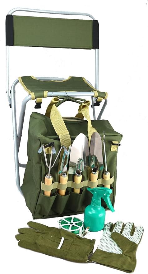10-Piece Gardening Tool Set with Zippered Detachable Tote and Folding Stool Seat with Backrest