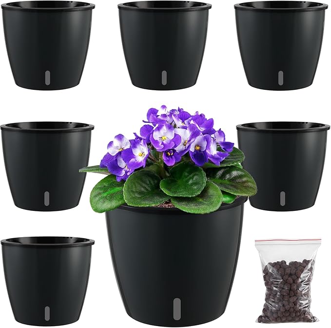 Planterhoma 6.7 Inch Self Watering Pots for Indoor Plants, 6 Packs African Violet Pots with Water Indicator and Black Wick Pots, Self Watering Planters for Devil's Ivy, Indoor Plant Pots, Black