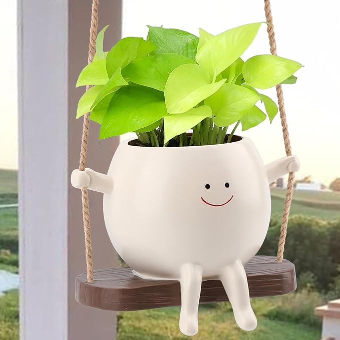 Large Size Swing Face Hanging Planter Pot for Indoor Outdoor Plants, Cute Swinging Plant Pot, Hanging Flower Pots, Face Planter Pot Head, Resin Succulent Planter, Valentines Day Gifts for Her