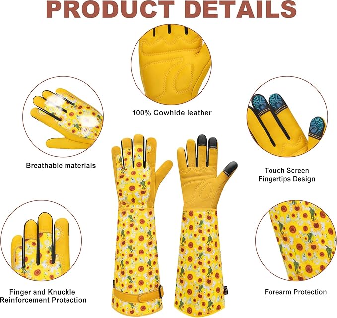 DLY Gardening Gloves for Women, Rose Gloves Gardening Thorn Proof, Long Garden Gloves for Women, Breathable Cowhide Leather Gauntlet (Small, Yellow