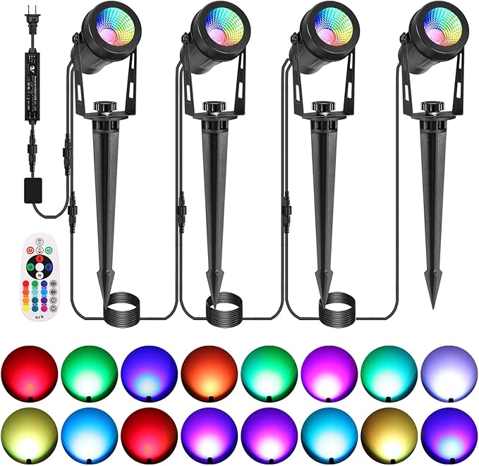 ECOWHO RGB Color Changing Landscape Lights with RF Remote Control, 12V Low Voltage Landscape Lighting, IP65 Waterproof LED Spotlight Outdoor for Yard House Garden Patio Tree Pathway Decor, 4 Pack