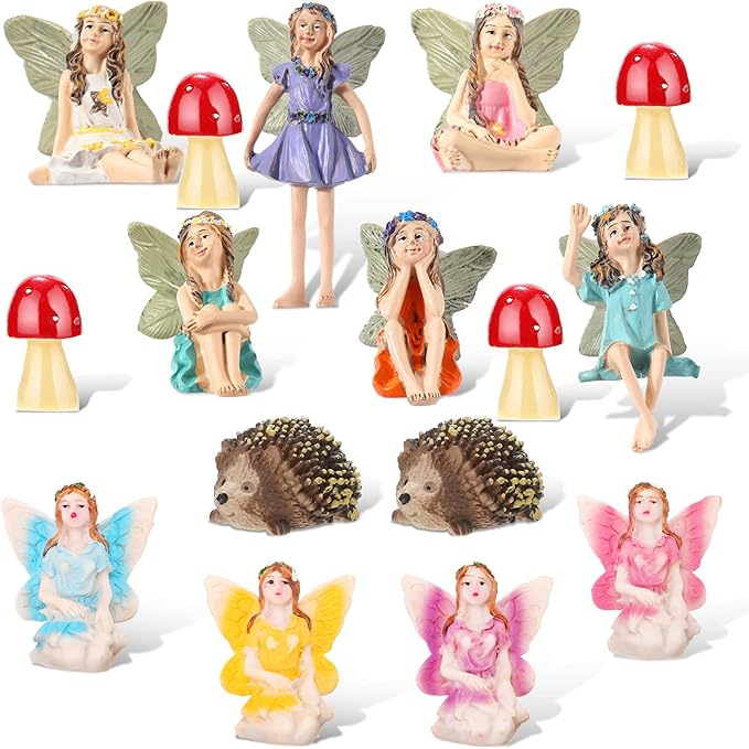 Roowest 16 Pcs Garden Accessories Miniatures Fairies Kit Resin Hedgehogs Cute Tiny Mushroom Miniature Figurines Mini Garden Lawn Yard Micro Landscape Ornaments for Home Decorations Outside