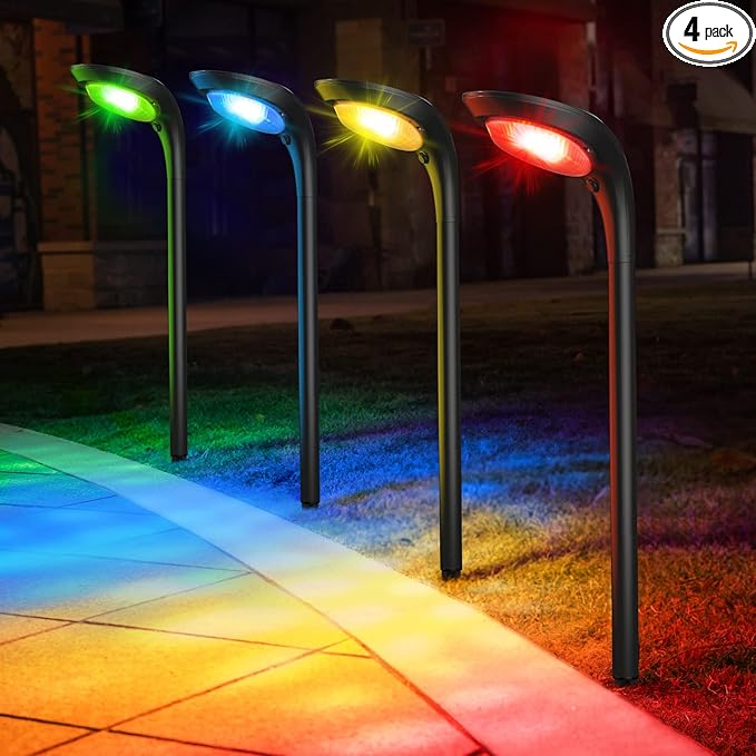 JSOT Solar Pathway Outdoor Lights Waterproof,7 Color Changing Yard Decor Light for Outside, 9 Lighting Modes Auto On/Off Solar Landscape Bright Lamp for Garden Walkway Pathway Path Decoration 4 Pack