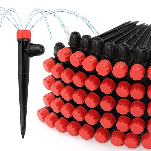 50pcs Drip Emitters for 1/4" Irrigation Tubing, Easy Connect Adjustable 360 Degree Water Flow Irrigation Sprayer On 5" Stake for 4/7mm Tube Locked Irrigation Drippers for Garden Flower Plant