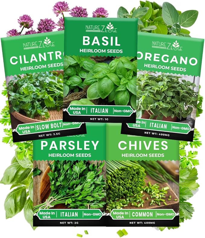 5 Herb Seeds Variety Kit, Oregano, Cilantro, Parsley, Basil, Chives