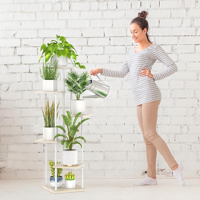 6 Tier Plant Stand Indoor Outdoor , Metal Wood Tiered Corner Plant Stands Pot Holder, Wood Flower Shelf Display Rack for Living Room Bedroom Balcony Garden Patio, White