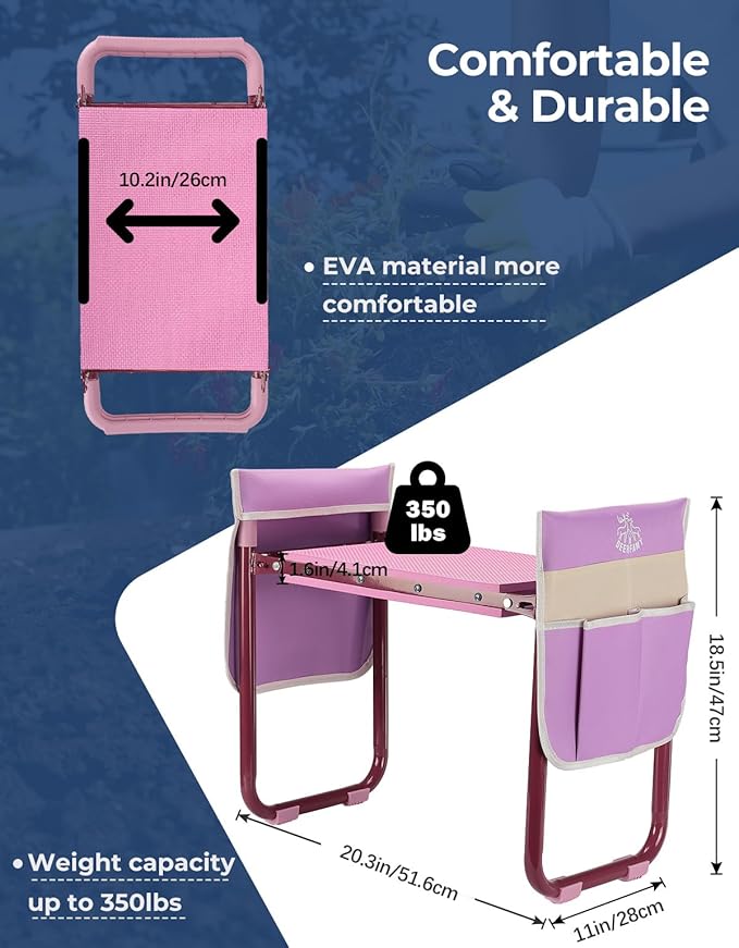DEERFAMY Garden Stool 10.2" Width, Garden Kneeler and Seat Load Cap 350 lbs, Gardening Gift Heavy Duty with Extra Kneeling Pad, 2 Tool Pouches, Claw Gloves, Pink