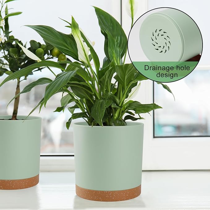 Plant Pots – 7/6.5/6/5/4 Inch Plastic Planters with Drainage Holes and Saucers, Flower Pots for Indoor and Outdoor Plants (Green)