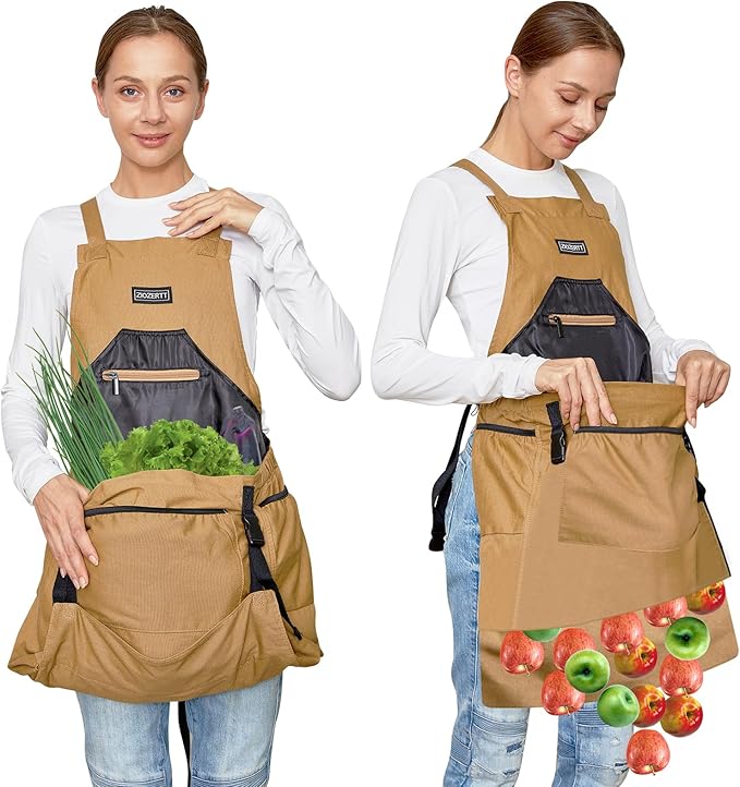 Gardening Apron, Canvas Garden Aprons with 6 Pockets and Harvesting Pouch for Women and Men,Gardener Gifts