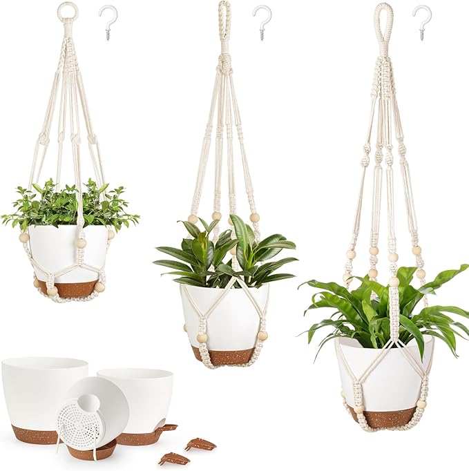Mkono Hanging Planters, Macrame Plant Hangers with Self Watering Plant Pots Indoor Set of 3 Hanging Baskets Flower Pot Holders with Hooks No Tassels 3 Different Size for Boho Home Decor