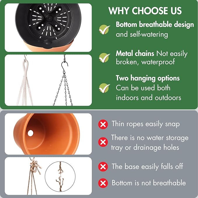 10 Inch Hanging Planters for Indoor Plants,Set of 2 Hanging Pots for Plants with Self-Watering, Outdoor Hanging Plant Pot with Drainage and 2 Kinds of Hanging Baskets Hangers for Home Decor and Garden