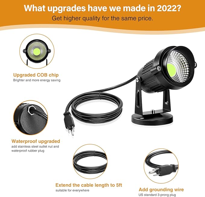 LemonBest Landscape Lights - 5W 110V Outdoor Spotlight - Waterproof IP65-3000K Cool White LED Landscape Lights - 5ft Cable for Yard Garden Patio Driveway House (Include Spike) (4 Pack)