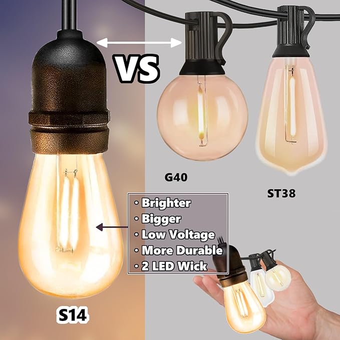 Voolex Outdoor String Lights 52FT Cold Light and Warm Light 2 Colors Changing Switch Waterproof 30V LED Bulbs Shatterproof with Remote Control for Party Patio Decoration Garden