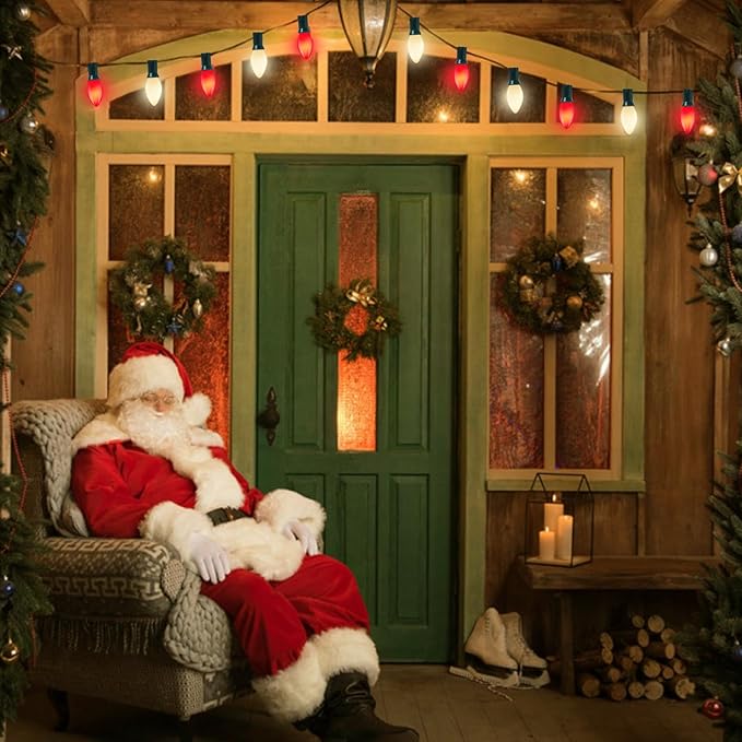 C7 LED Red and White Christmas Lights, 25Ft Outdoor Decorations With 27 Shatterproof Bulbs, Hanging Vintage Christmas Lights for Tree Roofline Holiday Party Backyard