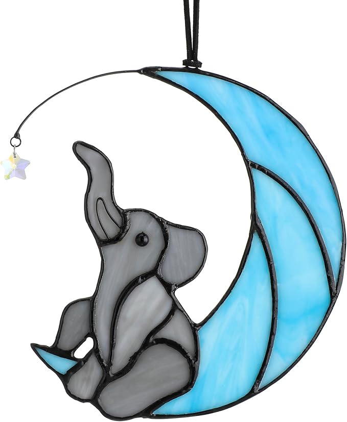 HDCRYSTALGIFTS Glass Elephant Ornament Stained Glass Window Hanging Decor, Modern Design Elephant on Moon with Star Collectibles Handcrafted Sun Catcher Gifts for Birthday Women