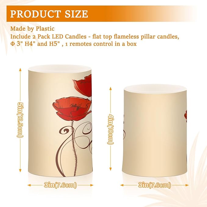 Flickering Flameless Candles, Red Poppy Flowers Retro LED Candles with Remote Timer, Set of 2 Battery Operated Candle for Valentine Wedding Birthday
