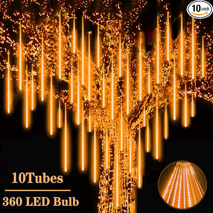 Orange Christmas Meteor Shower Rain Lights, 10 Tube 360 LED 12 Inch Outdoor String Lights, Falling Rain Raindrop Light for Halloween Tree Patio Garden Roof Eaves Decor Waterproof Plug