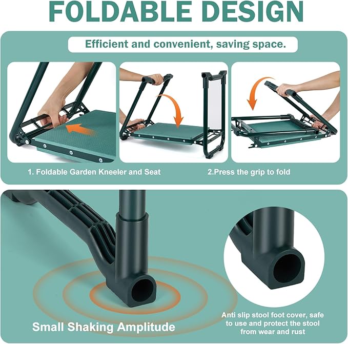 Garden Kneeler and Seat, 2-in-1 Garden Stool with 10" Wide Soft Knee Pads, Heavy-Duty Foldable Gardening Bench Chair with 2 Tool Pouches, Gardening Gifts for Women Men Seniors Mom